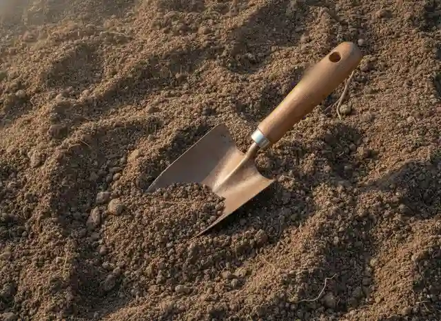 Illustration of a single spade at rest in turned earth, blade partly set into the soil, no hand holding it.