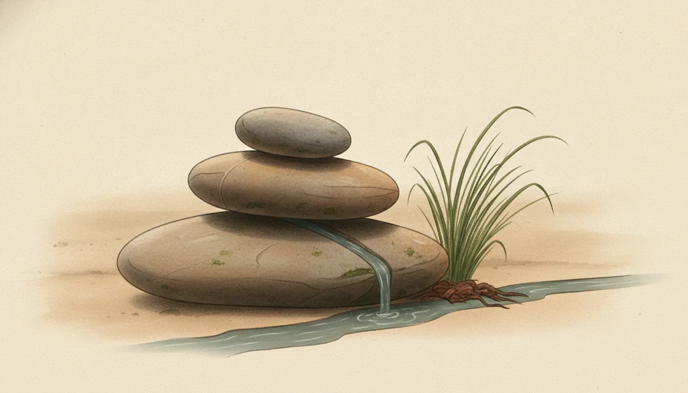 Field-guide style illustration of three stacked river stones with a thin rivulet of water running between them and a single ornamental grass tuft standing beside them, in warm parchment and stone tones.