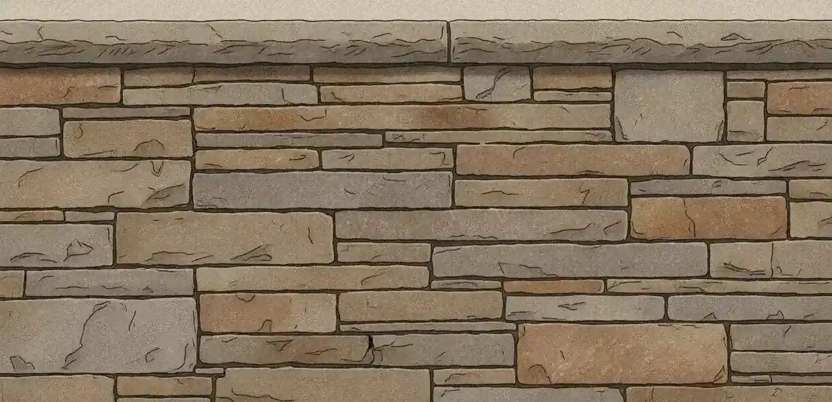 Material study illustration of natural stone in cross-section, showing a retaining-wall course in warm greys and umbers.