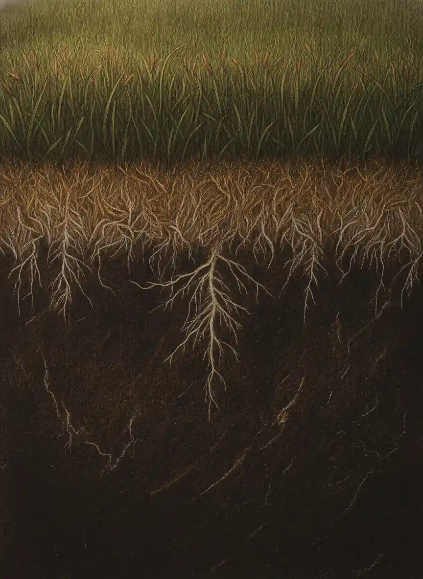 Material study illustration of cool-season turf in vertical section, showing blade, thatch and root layers.